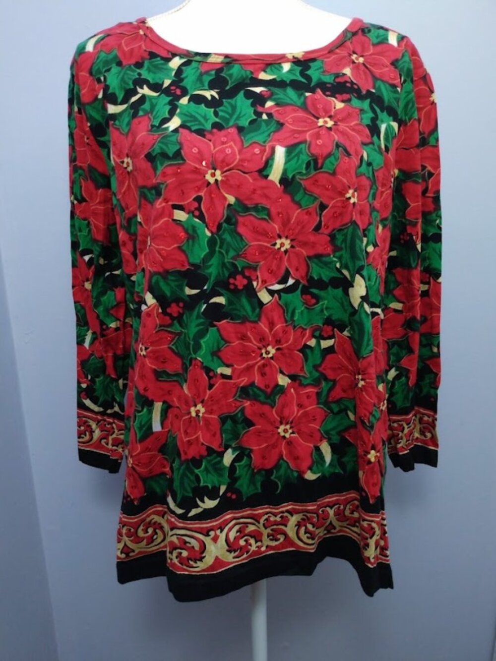 Women's Vintage XL Christmas Top Poinsettia Print Sequins Holiday Grannycore